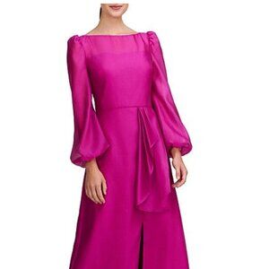 Kay Unger Sydney Illusion Boat Neck V-Back Textured Organza Bishop Sleeve Gown